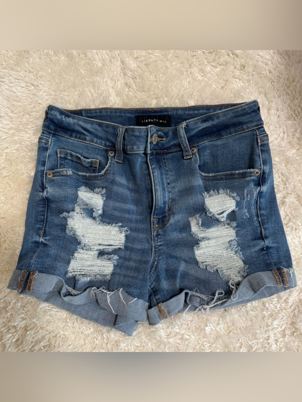 Aeropostale Distressed Blue Denim Roll-Cuff Shorts